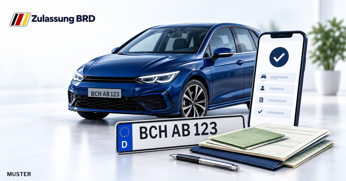 Online Fahrzeugzulassung in Neckar-Odenwald-Kreis: Musterkennzeichen BCH AB 123, Auto und Fahrzeugpapiere und Smartphone. Illustration mit Logo von Zulassung BRD.